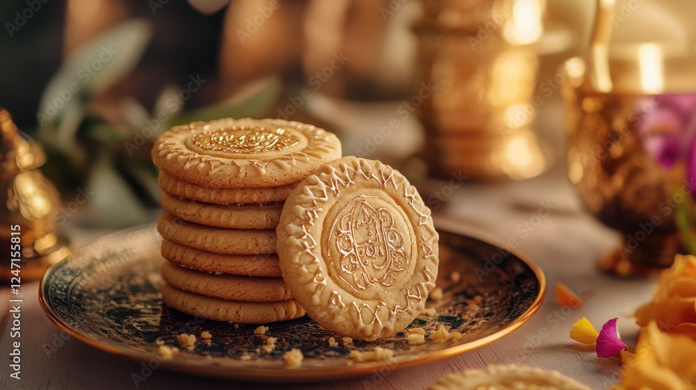 Sweet treats with golden edges, likely Indian dessert cookies, sitting on a plate. Diwali or festive season theme suggested by the gold and the platter. Sweet treats with golden edges, likely Indian dessert cookies, sitting on a plate. Diwali or festive season theme suggested by the gold and the platter.