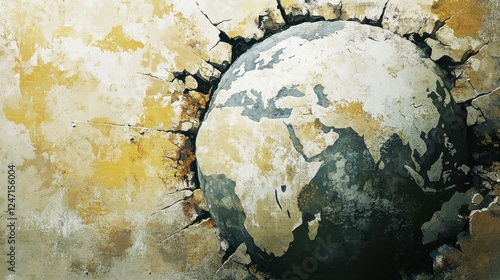A fractured globe embedded in a weathered wall