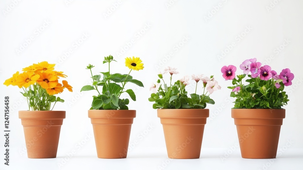 A single set of flower pots isolated on a white surface, ideal for promoting home gardening accessories. A single set of flower pots isolated on a white surface, ideal for promoting home gardening accessories.