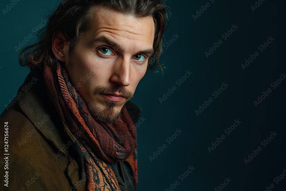 Stylish Man with Long Hair and Scarf Posing Against a Dark Background Stylish Man with Long Hair and Scarf Posing Against a Dark Background