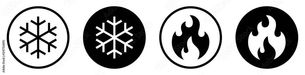 Snowflake and fire icon. Cold and hot sign symbol. Ice and flame fire icons in circle for app and web. Flat design. Isolated vector illustration. Silhouette and outline style. Snowflake and fire icon. Cold and hot sign symbol. Ice and flame fire icons in circle for app and web. Flat design. Isolated vector illustration. Silhouette and outline style.