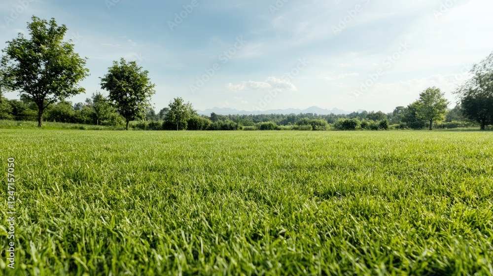 Lush green field, sunny day, distant hills, peaceful landscape, nature background Lush green field, sunny day, distant hills, peaceful landscape, nature background