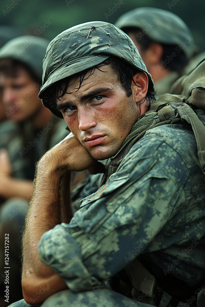 Fototapeta premium Group of Soldiers with Intense and Confused Expressions, Wearing Military Helmets and Gear, Depicting War, Tension, and Battlefield Uncertainty
