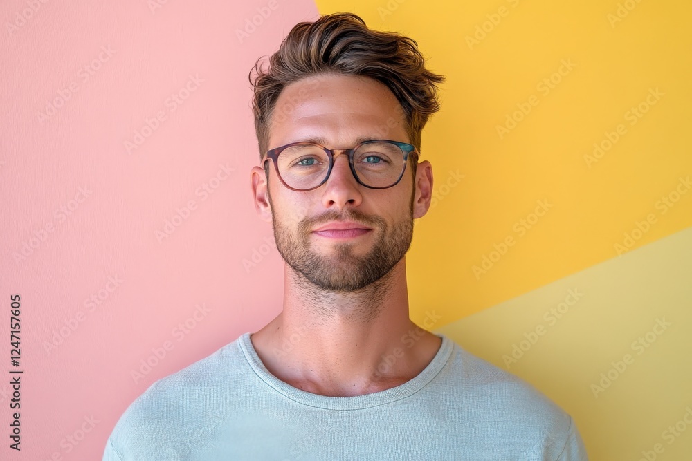 Obraz premium Stylish Young Man with Glasses Against a Colorful Background