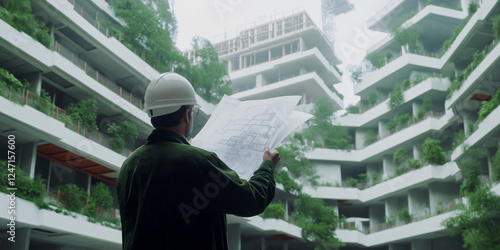 architect reviewing blueprints in front of modern eco-friendly building under construction, future city concept  photo