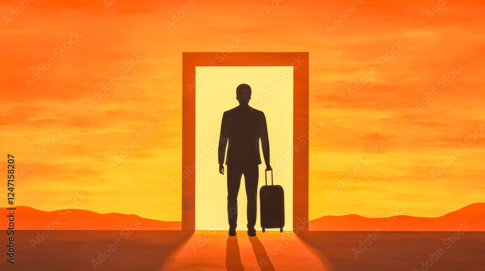 Traveler silhouetted in doorway, gripping suitcase against glowing orange horizon, embodying journey's anticipation and transformative potential Traveler silhouetted in doorway, gripping suitcase against glowing orange horizon, embodying journey's anticipation and transformative potential