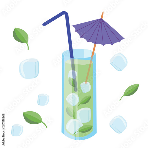 Vector illustration of a summer non-alcoholic drink in a tall glass with a straw and a paper umbrella. Mojito with ice cubes and mint leaves.