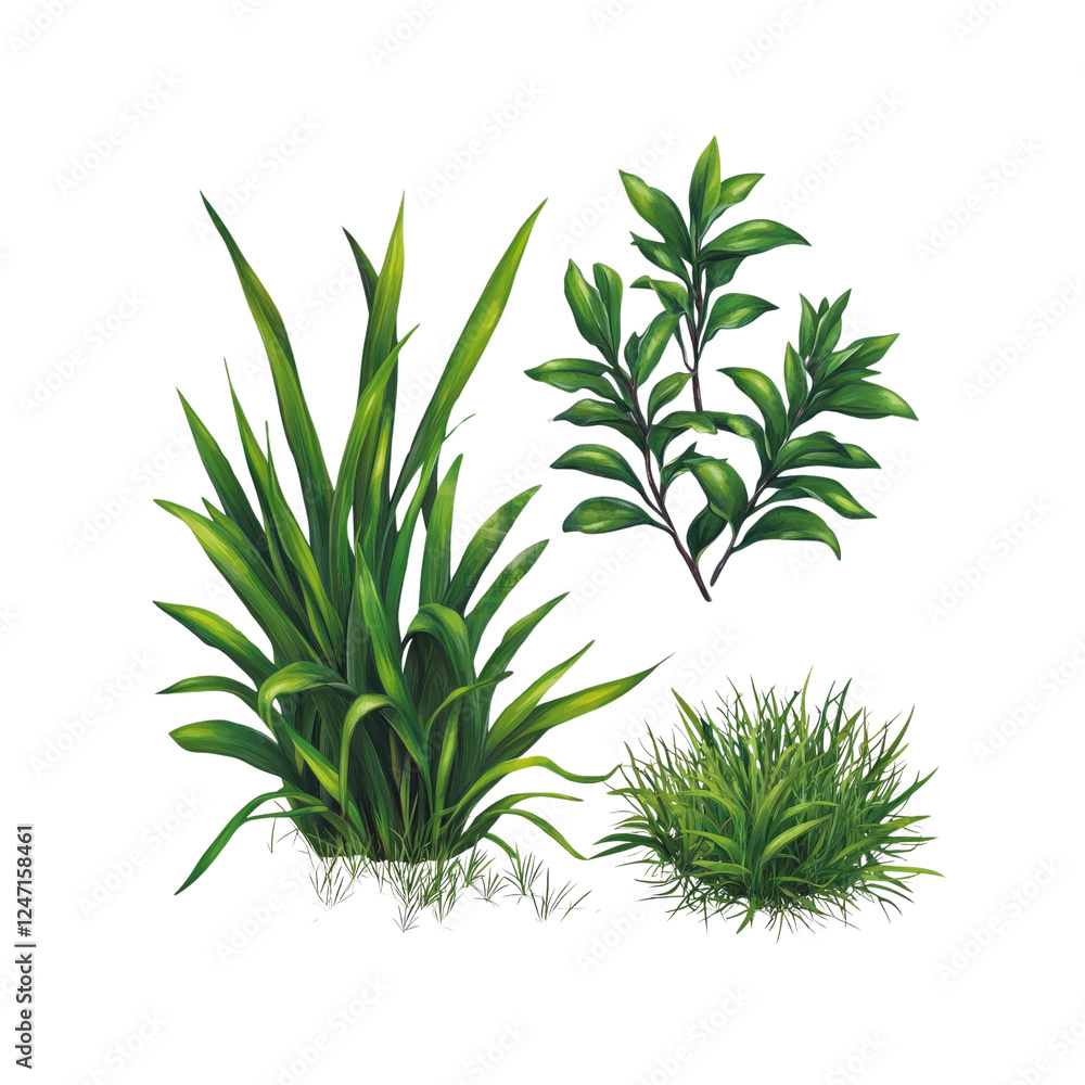 Fototapeta premium Lush Green Foliage Collection Three Types of Vibrant Plants for Design Projects
