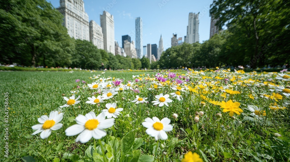 Spring flowers bloom in Central Park, NYC, skyscrapers background