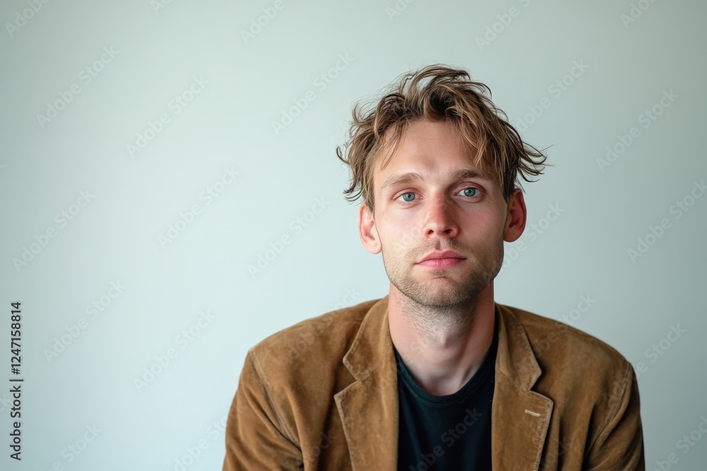 Fototapeta premium Contemplative Young Man in Casual Attire Against a Minimalist Background