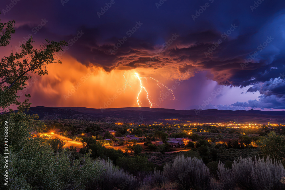 Obraz premium Electric Sky: A Thunderstorm Over the Valley
