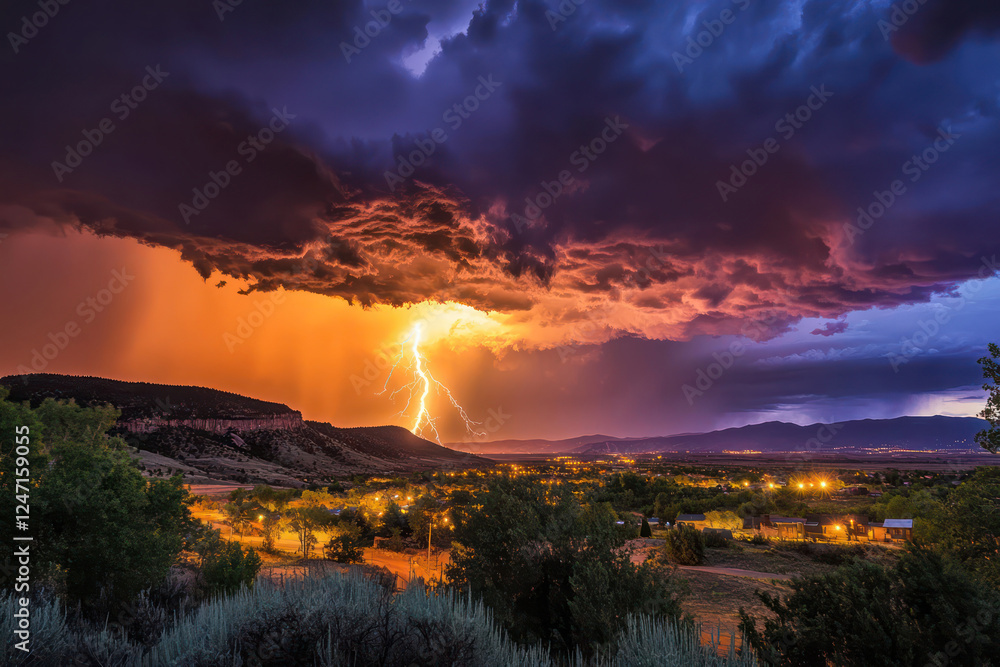 Naklejka premium Electric Sky: A Thunderstorm Over the Valley