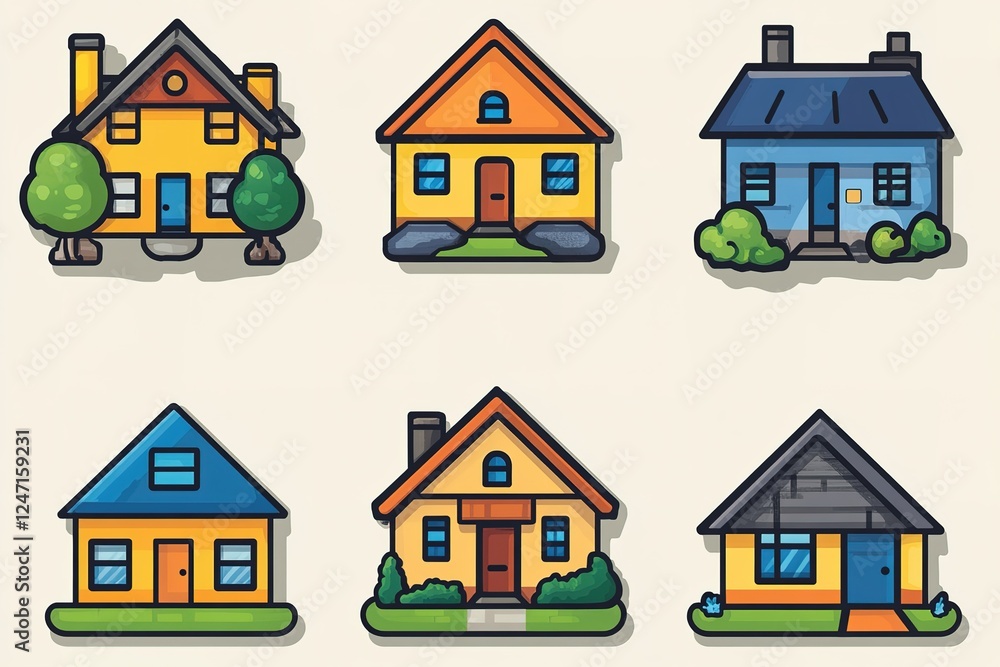 Colorful cartoon houses arranged in a grid each with unique architectural details and landscaping elements in a whimsical style Colorful cartoon houses arranged in a grid each with unique architectural details and landscaping elements in a whimsical style