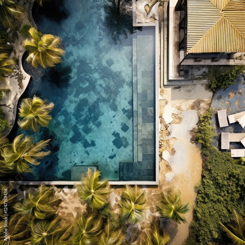 A tranquil modern residence features a clear swimming pool nestled within a garden filled with tropical plants. Sunlight filters through the trees, creating a peaceful atmosphere.