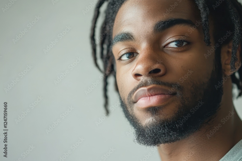 Obraz premium Close-Up Portrait of a Young Man with Dreadlocks and a Thoughtful Expression
