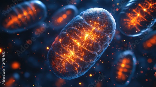 A digital illustration of a mitochondrion with glowing structures, representing cellular energy.