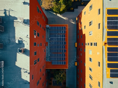 Overhead image of the UCSD student center with solar panels installed on its roof photo