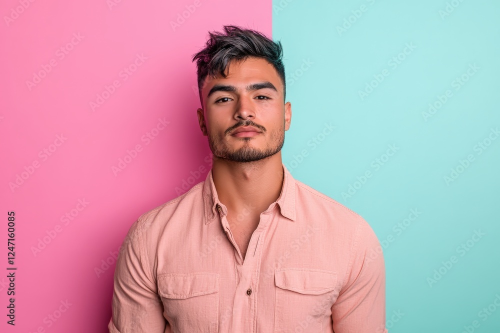 Obraz premium Stylish Young Man Posing Against a Colorful Background in a Trendy Outfit
