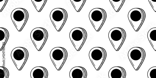 A seamless pattern featuring hand-drawn doodle-style location pins arranged uniformly on a plain white background, creating a minimalist and artistic design suitable for decor or visual elements.