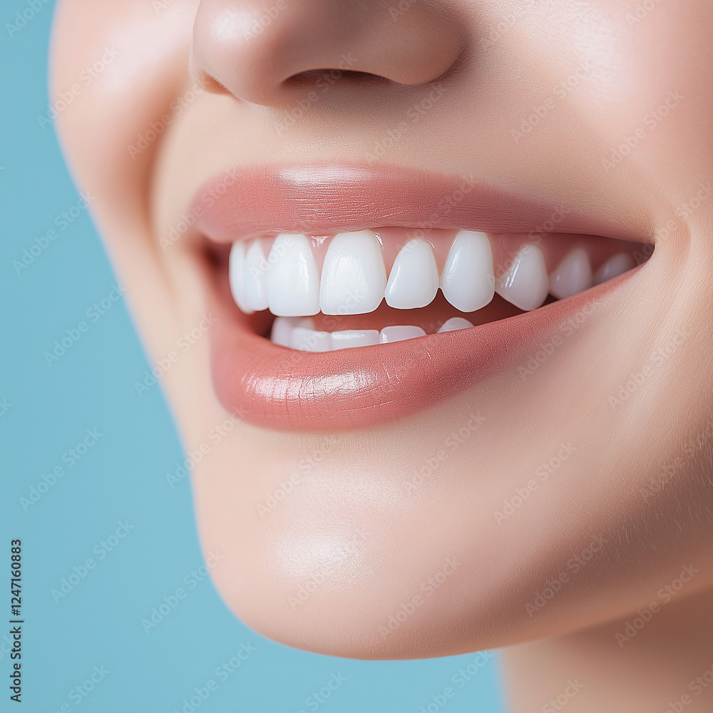 Fototapeta premium Close-up of a beautiful woman's smiling mouth with white teeth, against a blue background