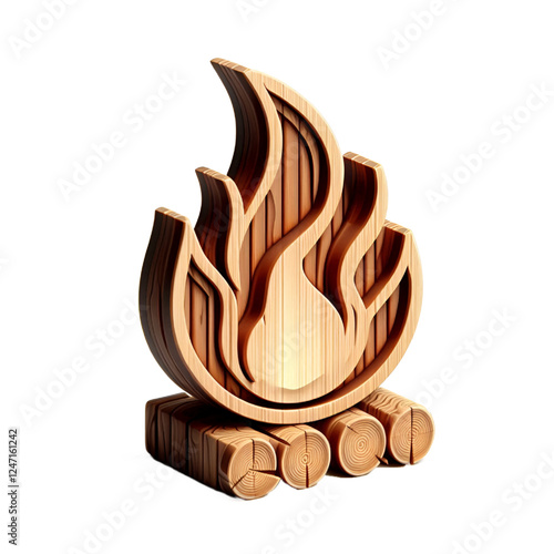 Fire 3d icon with wooden texture isolated on white background