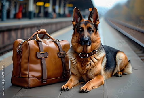 A german shepherd dog guarding a brown leather bag at a train station platform