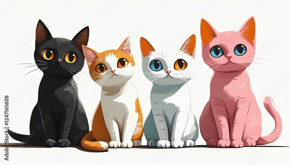 Obraz premium Four colorful cats sit side by side, each with unique fur patterns and bright eyes
