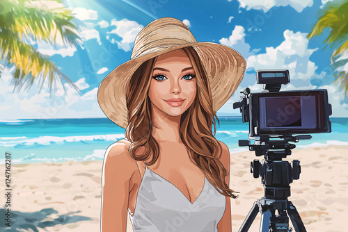 Stylish Woman in a Bikini Posing on a Tropical Beach with Palm Trees and Camera Setup, Representing Summer, Fashion, and Swimsuit Photography photo