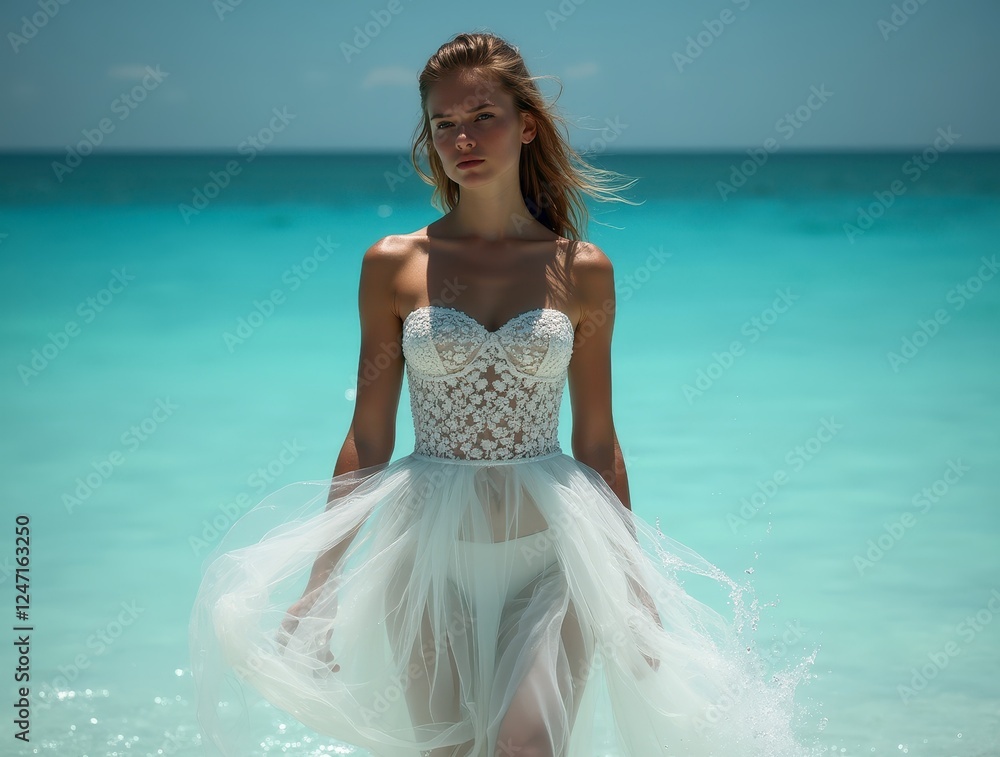 Beautiful model wearing white wedding dress walking in turquoise ocean water Beautiful model wearing white wedding dress walking in turquoise ocean water