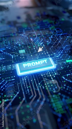 Prompt Key 3D Animation of a Futuristic Button Generating AI Data Flow with Neon Effects and Motion Graphics