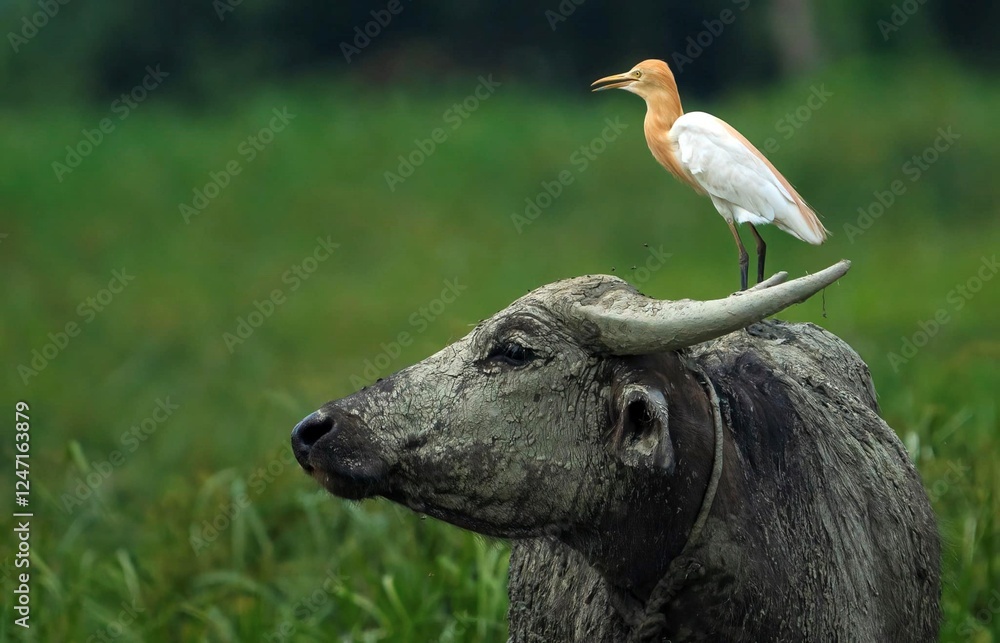 Obraz premium A cattle is standing on its hind legs with its front legs stretched out in front of it. On top of the cattle's neck is an egret, with a long orange beak and a white body.