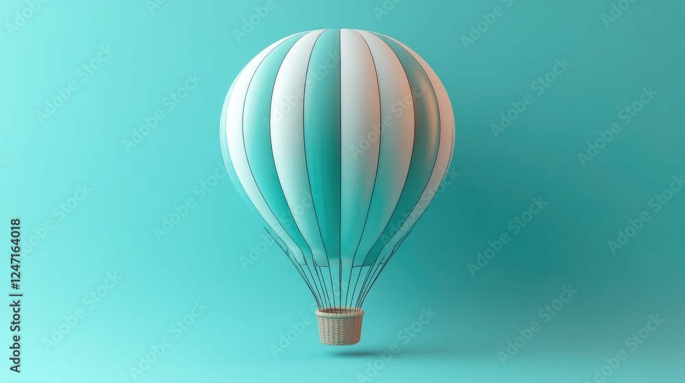 Naklejka premium A stylized hot air balloon with a turquoise and white color scheme, floating against a solid background.
