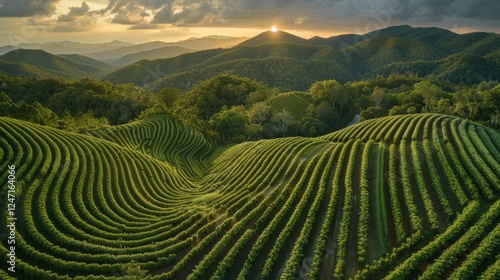 Breathtaking aerial view of lush green rice fields in rural thailand amidst rolling hills