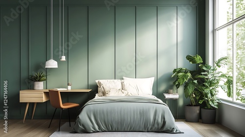 Modern Luxury Home Interior Bedroom Design with Mockup Frame , Wall, lamp, table, Poster(3d Render)