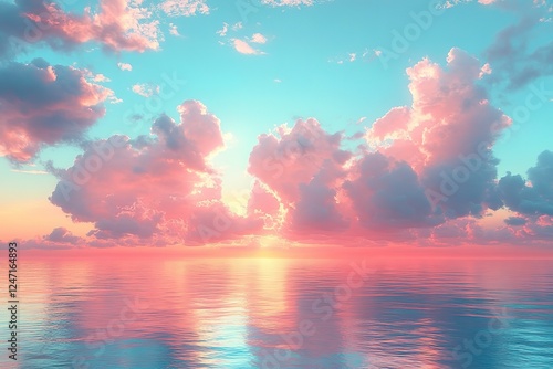 Fototapeta Naklejka Na Ścianę i Meble -  Pastel dreamscape: A serene ocean reflects a cotton candy sky at sunset blending hues of pink blue and gold in a tranquil scene