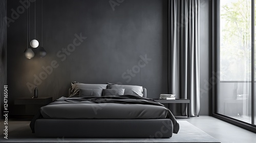 Modern Luxury Home Interior Bedroom Design with Mockup Frame , Wall, lamp, table, Poster(3d Render)