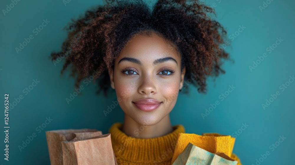 Woman smiling, holding bags, teal background, shopping Woman smiling, holding bags, teal background, shopping