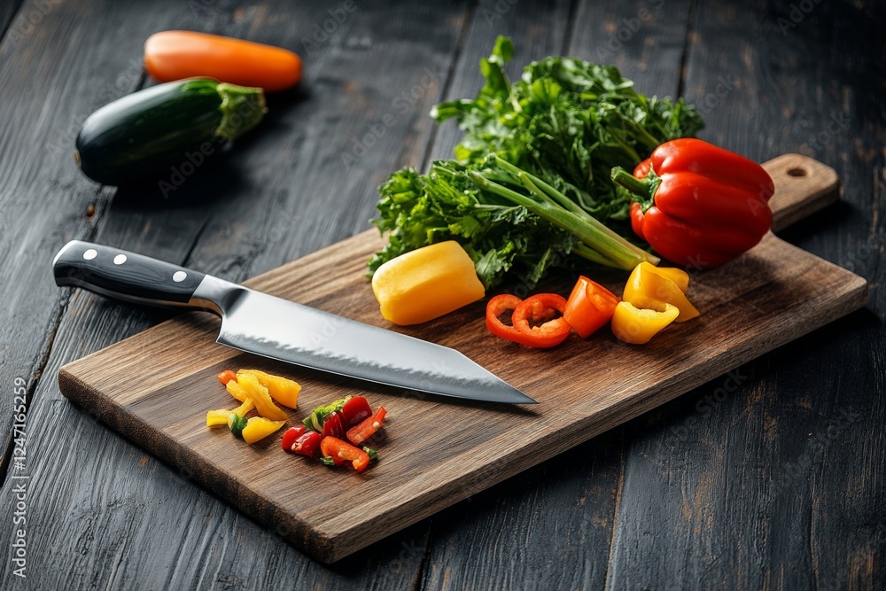 Colorful vegetables are freshly chopped on a wooden cutting board. A sharp chef's knife lies beside them, showcasing the vibrant colors of the ingredients, ready for cooking Colorful vegetables are freshly chopped on a wooden cutting board. A sharp chef's knife lies beside them, showcasing the vibrant colors of the ingredients, ready for cooking