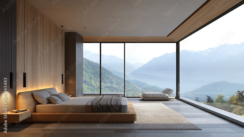 Fototapeta premium Modern Luxury Home Interior Bedroom Design with Mockup Frame , Wall, lamp, table, Poster(3d Render)