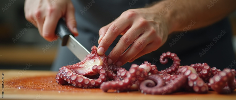 Chopping fresh octopus in a kitchen setting while preparing a seafood dish at home in the afternoon light Chopping fresh octopus in a kitchen setting while preparing a seafood dish at home in the afternoon light