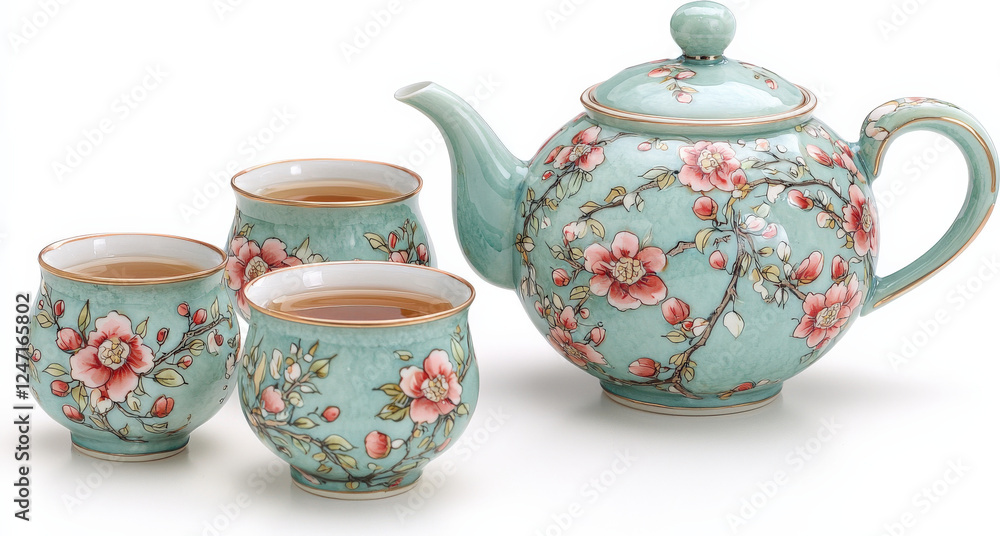 Floral_teapot_and_three_cups;_teal_porcelain_with_pink_blossoms.