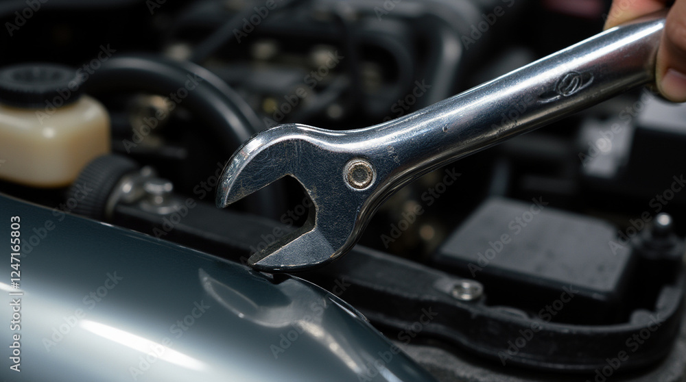 Mechanic works on a car engine using a wrench to tighten or loosen components in a workshop during the afternoon Mechanic works on a car engine using a wrench to tighten or loosen components in a workshop during the afternoon