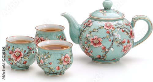 Obraz na płótnie Floral_teapot_and_three_cups;_teal_porcelain_with_pink_blossoms. w salonie