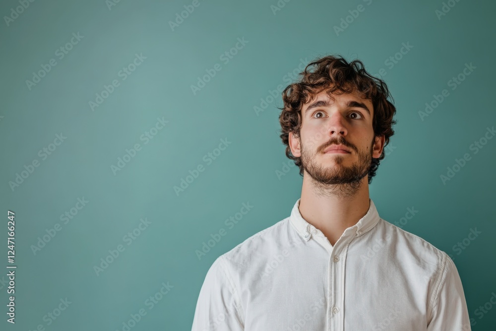Obraz premium Thoughtful Young Man in White Shirt Against a Turquoise Background