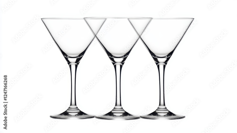 A single set of cocktail glasses isolated on a white background, ideal for promoting party supplies. A single set of cocktail glasses isolated on a white background, ideal for promoting party supplies.