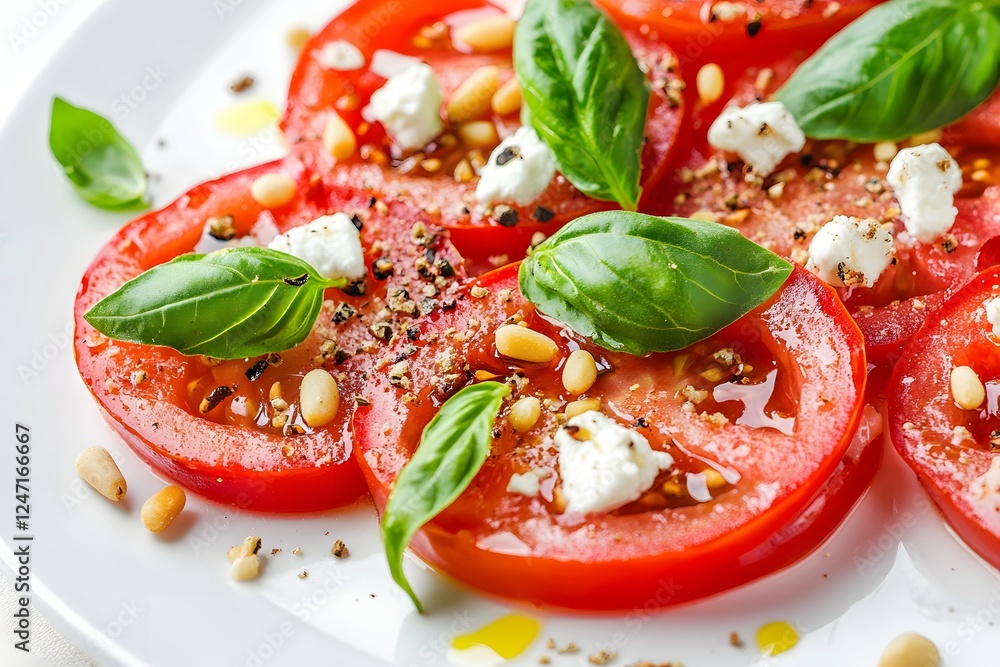 Tomato slices are arranged on a white plate, topped with fresh basil, feta cheese, and pine nuts. A drizzle of olive oil enhances the vibrant colors. Tomato slices are arranged on a white plate, topped with fresh basil, feta cheese, and pine nuts. A drizzle of olive oil enhances the vibrant colors.