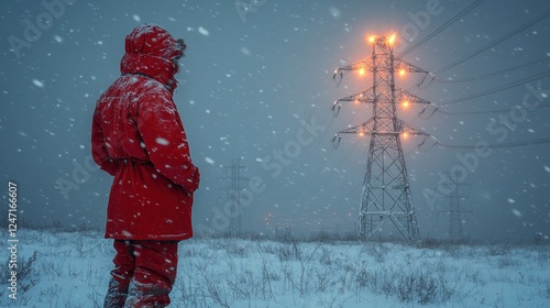 Worker inspects power lines in blizzard photo