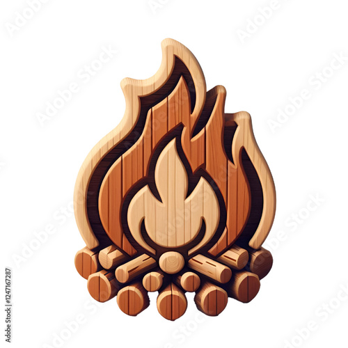 Fire 3d icon with wooden texture isolated on white background