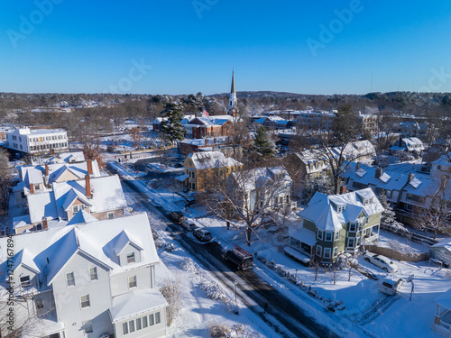 Historic residential houses aerial view in winter in historic town center of Wellesley, Massachusetts MA, USA. photo