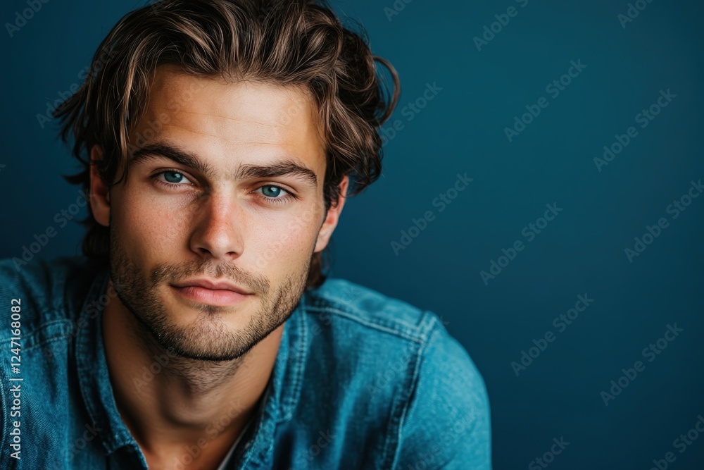 Stylish Young Man with Blue Eyes and Wavy Hair Against a Dark Background Stylish Young Man with Blue Eyes and Wavy Hair Against a Dark Background